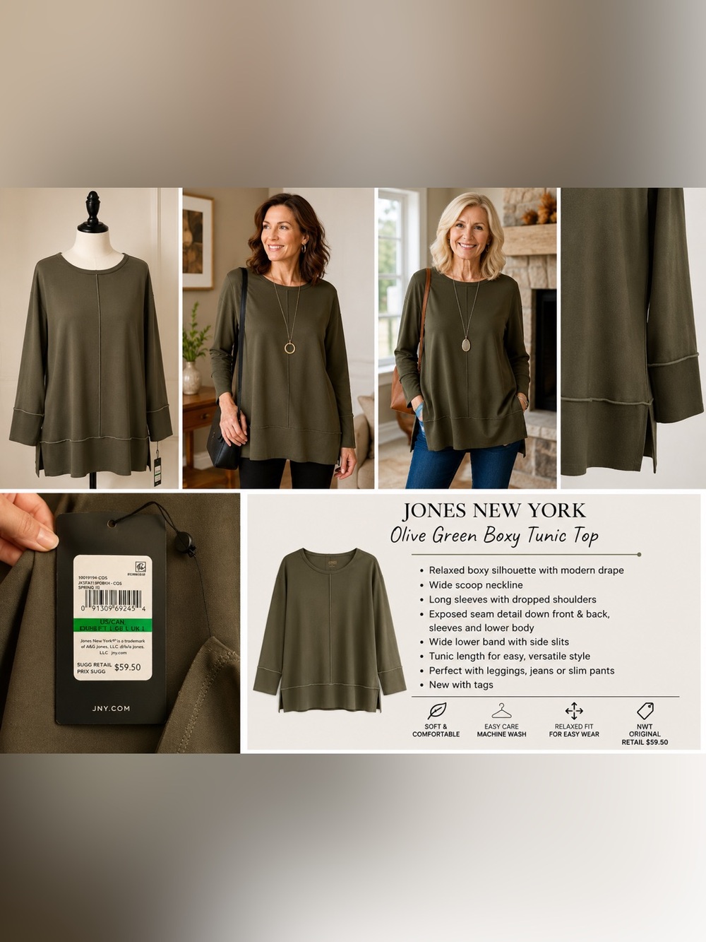 Jones New York Fall Color Olive Green Boxy Tunic Top — NWT — Size L